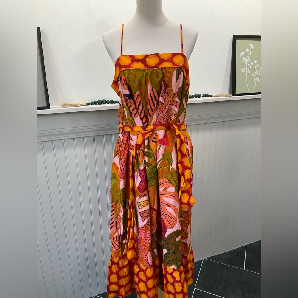 Farm Rio Summer Dream Maxi Dress Linen Blend NWT L/XL Bird Button Tropical Print - Picture 3 of 6